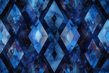 A blue and white abstract painting of stars and diamonds