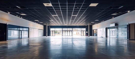 Canvas Print - Empty retail space with a black ceiling and a dirty floor, immediately after repair. Copy space image. Place for adding text and design