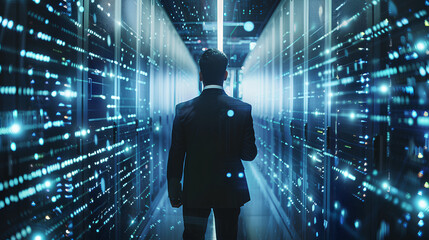 Wall Mural - Businessman with virtual cyber security technology and online data protection for security of data storage used by global business network server to secure cyber information