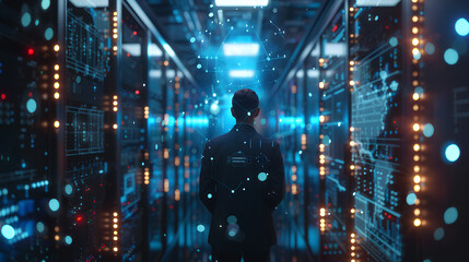 Poster - businessman with virtual cyber security technology and online data protection for security of data s