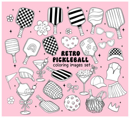 Wall Mural - Retro Groovy Pickleball outline coloring images Vector Trendy Collection Doodle Drawing element set.