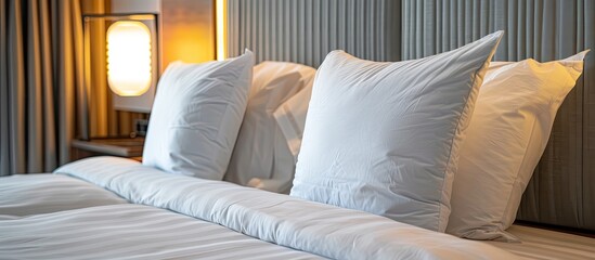 Poster - Comfortable pillow on bed with light lamp furniture decoration interior of hotel bedroom. Copy space image. Place for adding text and design