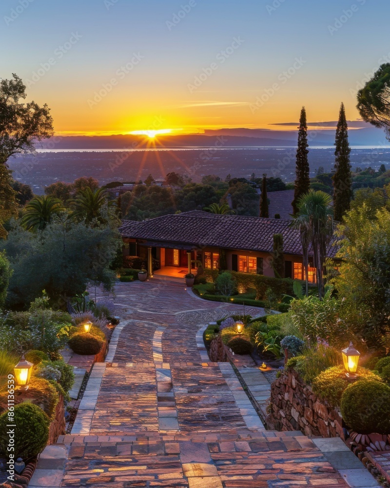 Stone path leading up to a beautiful house with a gorgeous view of the ...