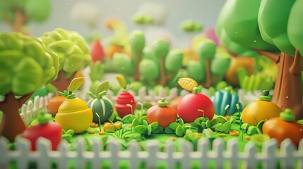 3d Cartoon green , fruits, farm, tropical foods , landscape, cloud cute theme 