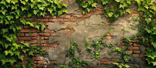 Wall Mural - vintage dirty brick,stone wall texture with green tree frame background. Copy space image. Place for adding text and design