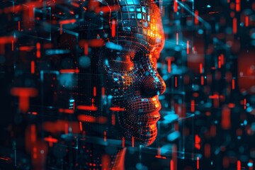 Wall Mural - Digital generated image of abstract data cubes forming face in front of robotic head. Smart technology, automation and artificial intelligence concept.