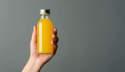 Close-up of a hand holding a bottle of orange juice against a gray background. AI.