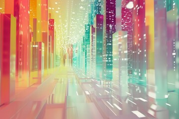 Wall Mural - Digital generated image of abstract white coloured city with multicoloured data flowing through city streets. Smart technology, speed and artificial intelligence concepts.