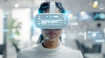Poster - A person wearing augmented reality glasses stands in a modern office, with holographic financial planning options and bankruptcy solutions displayed in the air. The clean, professional setting
