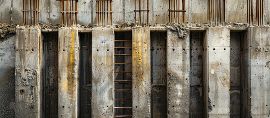 Canvas Print - A row of freshly poured concrete pillars in a high rise construction project showing rebar reinforcing steel at the top. Copy space image. Place for adding text or design