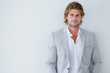 Sticker - Attractive Male Model in Grey Suit. Generative AI.