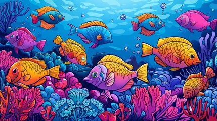 Wall Mural - coloring book Underwater world with bright tropical fishes and corals.