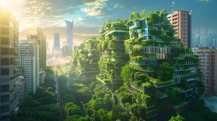 Wall Mural - Futuristic green city skyline with lush greenery and sustainable architecture, promoting Save the Green Planet and eco-friendly urban planning.