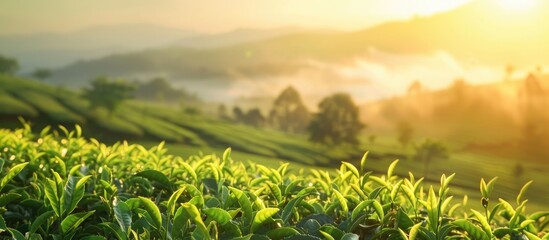 Wall Mural - Green tea plantation at sunset time,nature background. Copy space image. Place for adding text or design