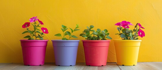 Wall Mural - flower pots. three empty plastic pots. Copy space image. Place for adding text and design