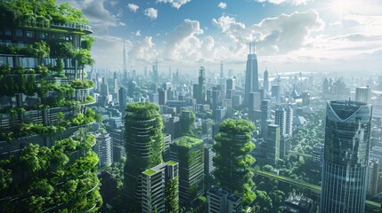 Green cities future skyline: futuristic urban landscape with green buildings and renewable energy sources, advocating environmental sustainability.