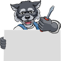 Canvas Print - A wolf electrician handyman or other construction cartoon mascot man holding a screwdriver tool.