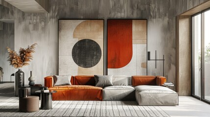 Wall Mural - 3D minimalist living room with a single sofa and large abstract art