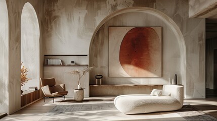 Wall Mural - 3D minimalist living room with a single sofa and large abstract art