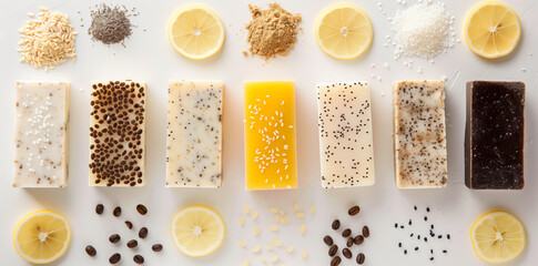 Handmade colorful soap bars decorated with herbs, natural skincare and beauty product design