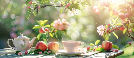 Sticker - Springtime in home blooming apple garden concept. Table set with tea cups. Copy space image. Place for adding text and design