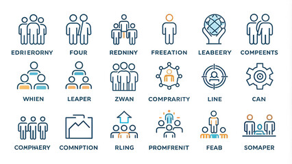 Business teamwork thin line icon set. Containing team, cooperation, group, people, organization, collaboration, communication, partnership, leadership, support, unity, community. Vector illustration