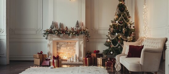 Wall Mural - Beautiful Christmas Living Room with decorated Christmas tree, gifts and fireplace. The idea for postcards. Copy space image. Place for adding text and design