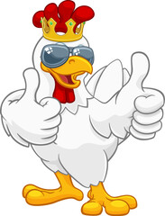 Wall Mural - A chicken rooster cockerel bird cartoon character in a kings gold crown and cool shades or sunglasses giving a double thumbs up