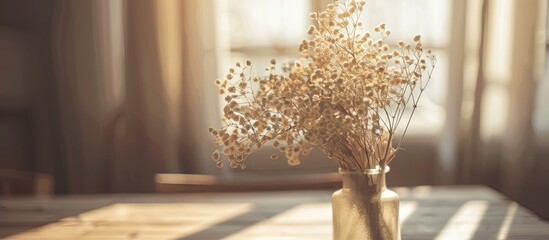 Wall Mural - Dried greenery flowers on a vase. Monochromatic home decor plant on wooden table. Close up. . Copy space image. Place for adding text and design