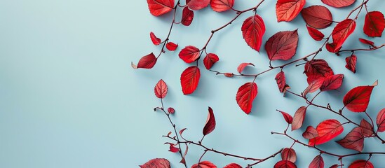 Wall Mural - RUomposition of branches and red leavese for halloween on pastel background. Flat lay. Halloween concept. Copy space image. Place for adding text and design
