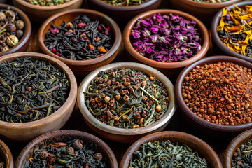 Various spices and dried herbs in wooden bowls creating a vibrant and aromatic display