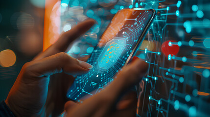 Poster - Cybersecurity and privacy concepts to protect data. Businessman use smartphone with cyber security technology for protecting personal data and secure internet access