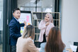 © Witoon - In a corporate meeting, a businessman leads a discussion on financial strategy, pointing at charts and graphs. The team collaborates on planning and analysis, using laptops and paperwork to ensure suc