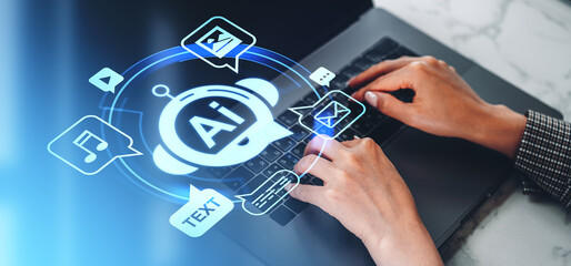 Poster - Top view woman hands typing on laptop, AI chat bot and creative services