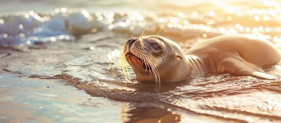 Sea Lion pastel background  Water  Beach  Isolated  Sun. Copy space image. Place for adding text and design