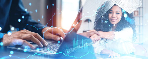 Sticker - Business people handshake, using laptop. Stock market chart with candlesticks