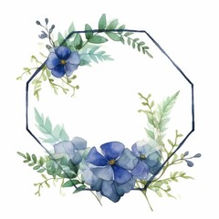 Wall Mural - Watercolor floral geometric shape frame with blue flowers and green leaves on white background. Wedding invitation and springtime concept. Design for greeting card, and botanical print. AIG35.