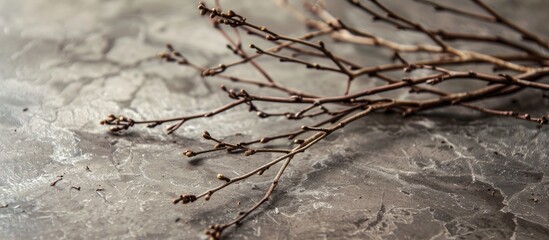 Canvas Print - Decorative twigs lay on a coffee table. Copy space image. Place for adding text and design