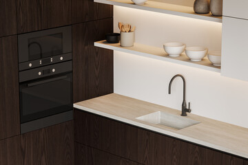 Sticker - Top view of home kitchen interior with sink and shelf with dishes