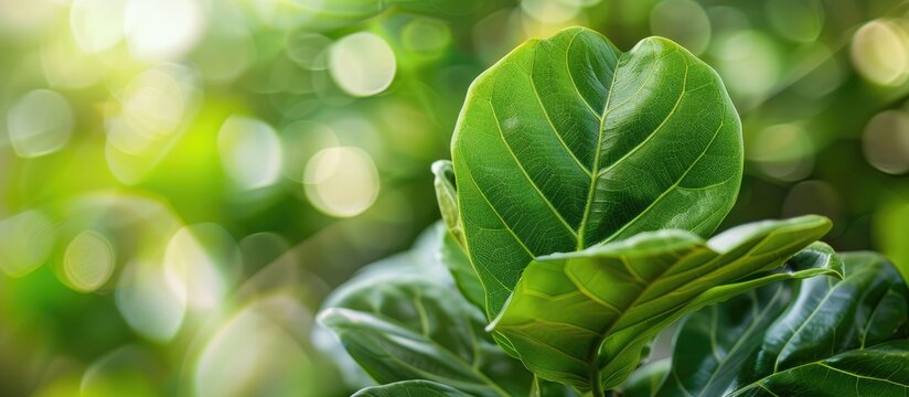Close up of green leaf  of ficus lyrata or Fiddle Leaf Fig. Indoor gardening, houseplant care. Copy space image. Place for adding text and design