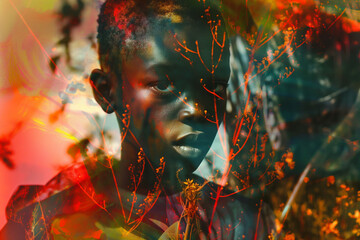 Wall Mural - Abstract double exposure of a young boy with vibrant, colorful foliage and natural elements blending into his profile