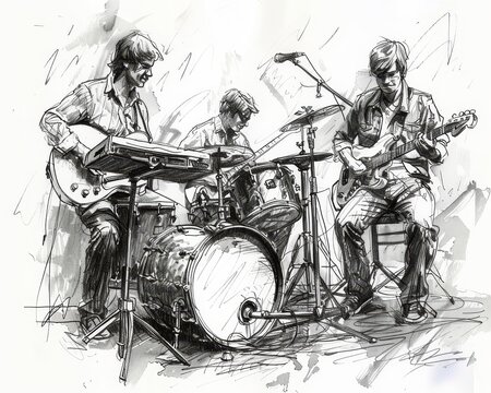 Monochromatic sketch of adults in a band, guitars, drums,