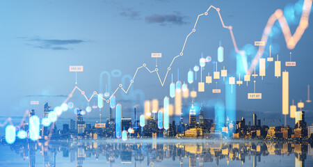Poster - forex graph changes, candlesticks and lines with bars. new york skyscrapers