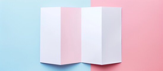 Blank trifold paper leaflet on pastel background. Six pages, three panel. . Copy space image. Place for adding text and design