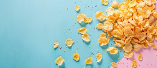 Sticker - A little pile of sweetened corn flakes cereals/integral flakes on pastel background (isolated). Copy space image. Place for adding text and design