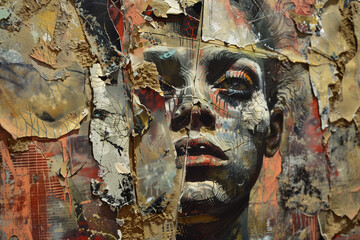 Mixed media portrait of a woman, with layers of torn paper and paint creating a textured, fragmented effect