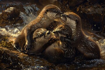 Wall Mural - Three otters are hugging each other in a river