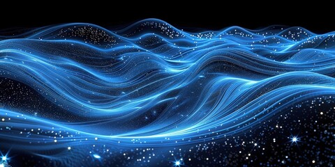 Abstract Blue and Gold Waves with Glowing Particles