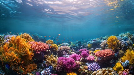 A vibrant coral reef teeming with diverse marine life,