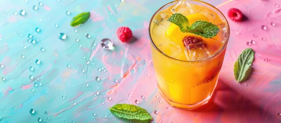 Poster - drink in a glass with ice on a pastel background  Food. Copy space image. Place for adding text and design